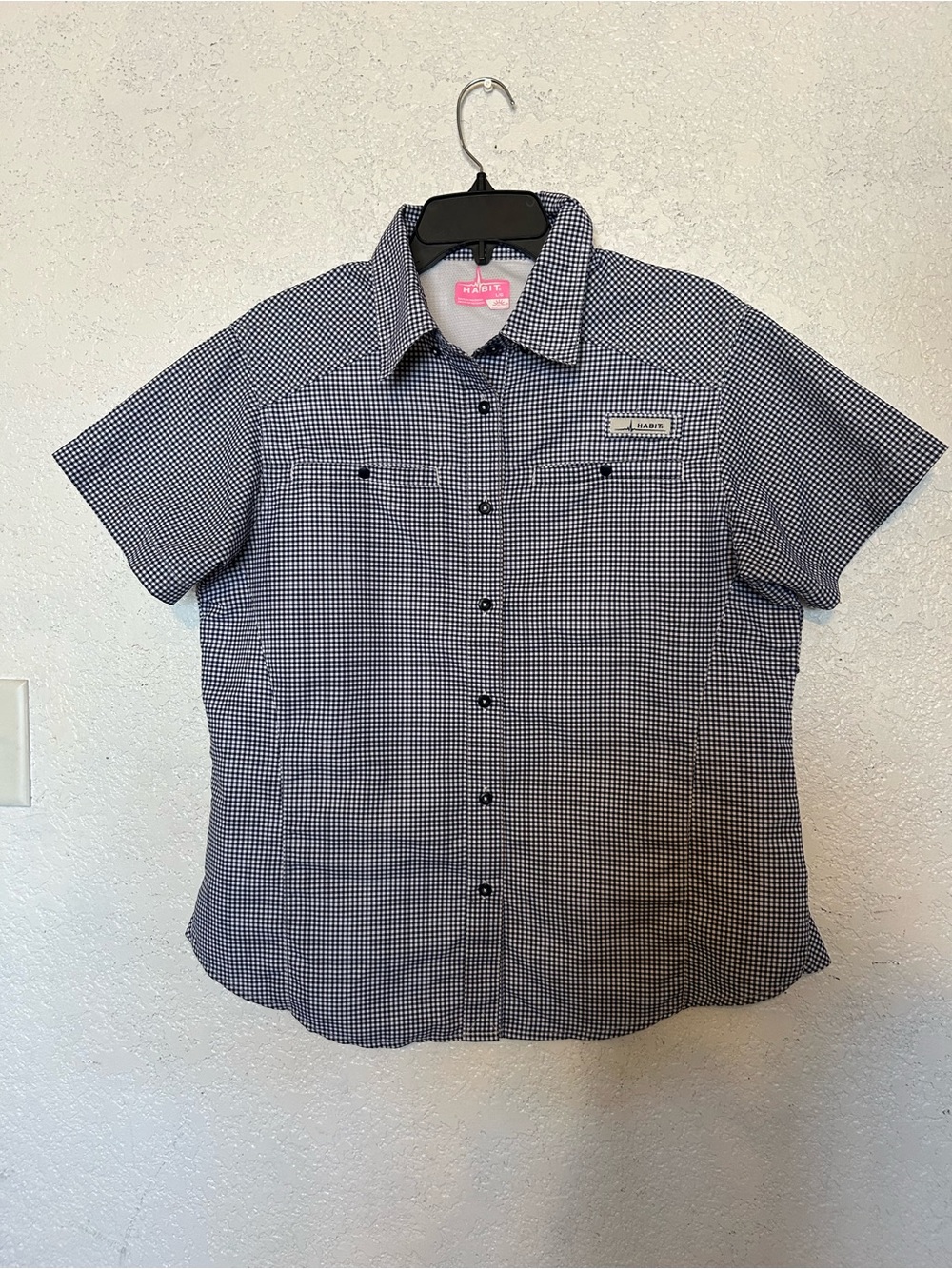 Habit Women Short Sleeve Navy Check Shirt Breathable Vented Lightweight Sz L